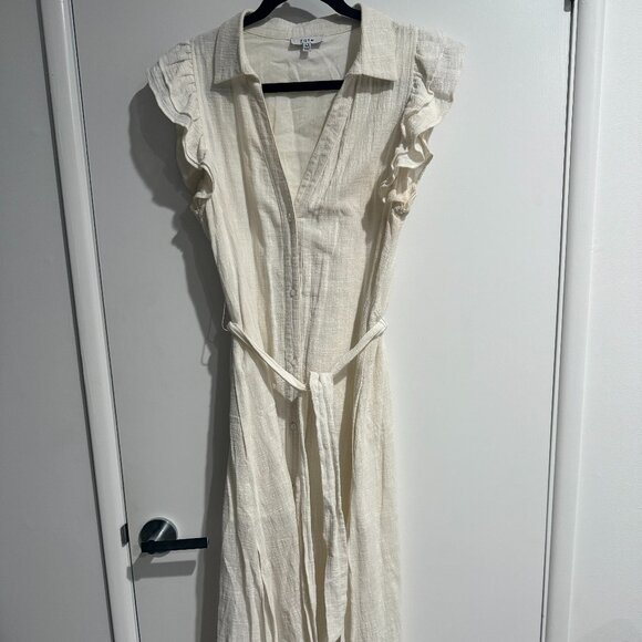 White linen button up dress with flutter sleeve - Picture 1 of 2